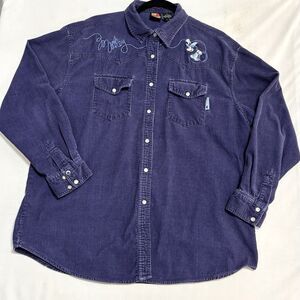 Vintage Disney Mickey Embroidered Corduroy Snap Blue Long Sleeve Shirt